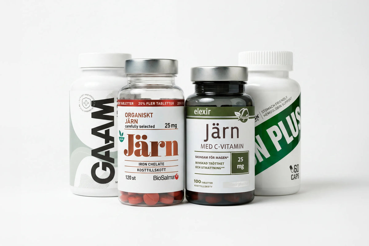 Bäst i test järntillskott: GAAM Järn, BioSalma Organiskt Järn 25 mg, Elexir Järn med C-vitamin och Iron Plus magvänliga järnkapslar