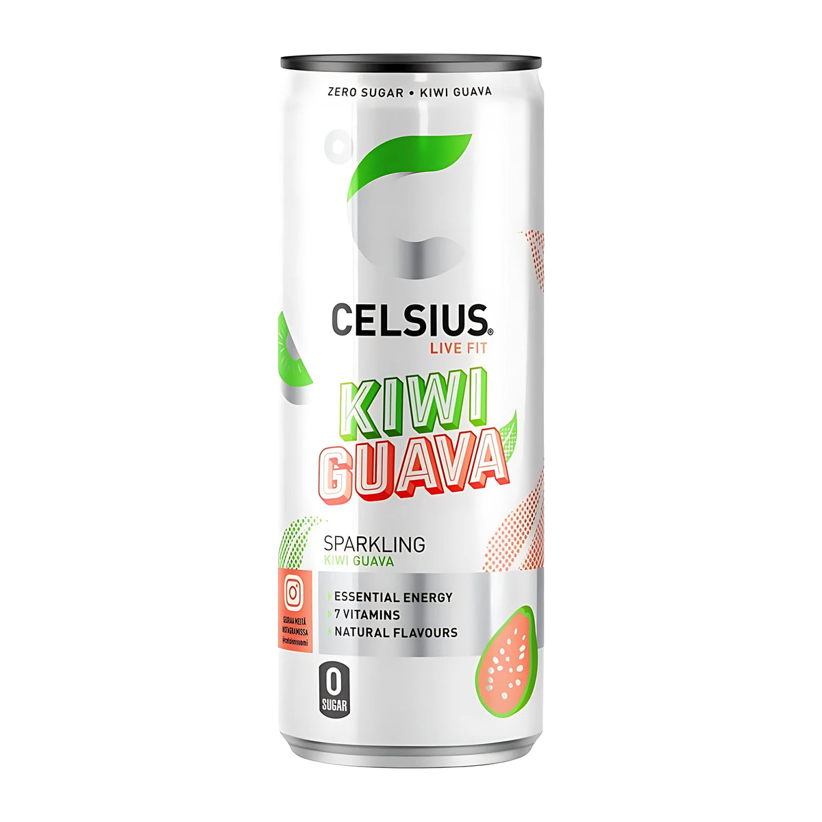 Celsius 355 ml valkoisessa tölkissä vihrein ja vaaleanpunaisin yksityiskohdin, makuna Kiwi Guava., kuva 5/10
