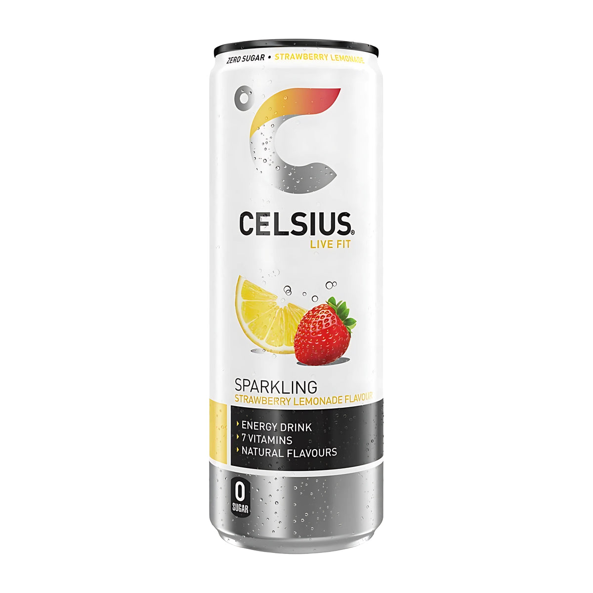Celsius 355 ml -energiajuoma valkoisessa tölkissä mansikan ja sitruunan kuvalla, makuna Strawberry Lemonade.