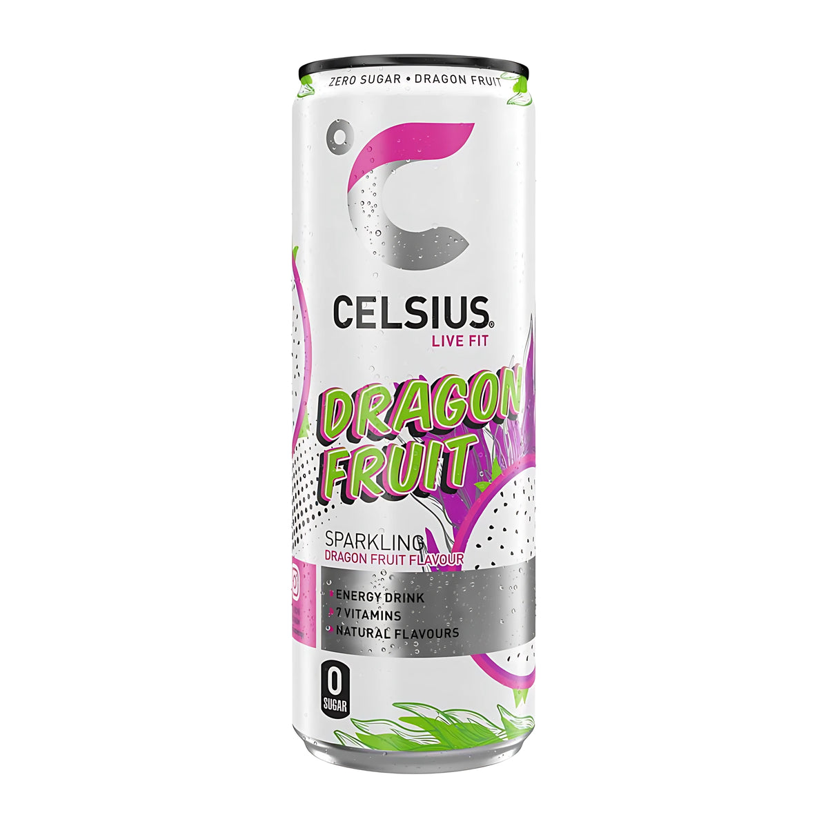 Celsius 355 ml valkoisessa tölkissä vaaleanpunaisin ja vihrein yksityiskohdin, makuna Dragon Fruit., kuva 4/10
