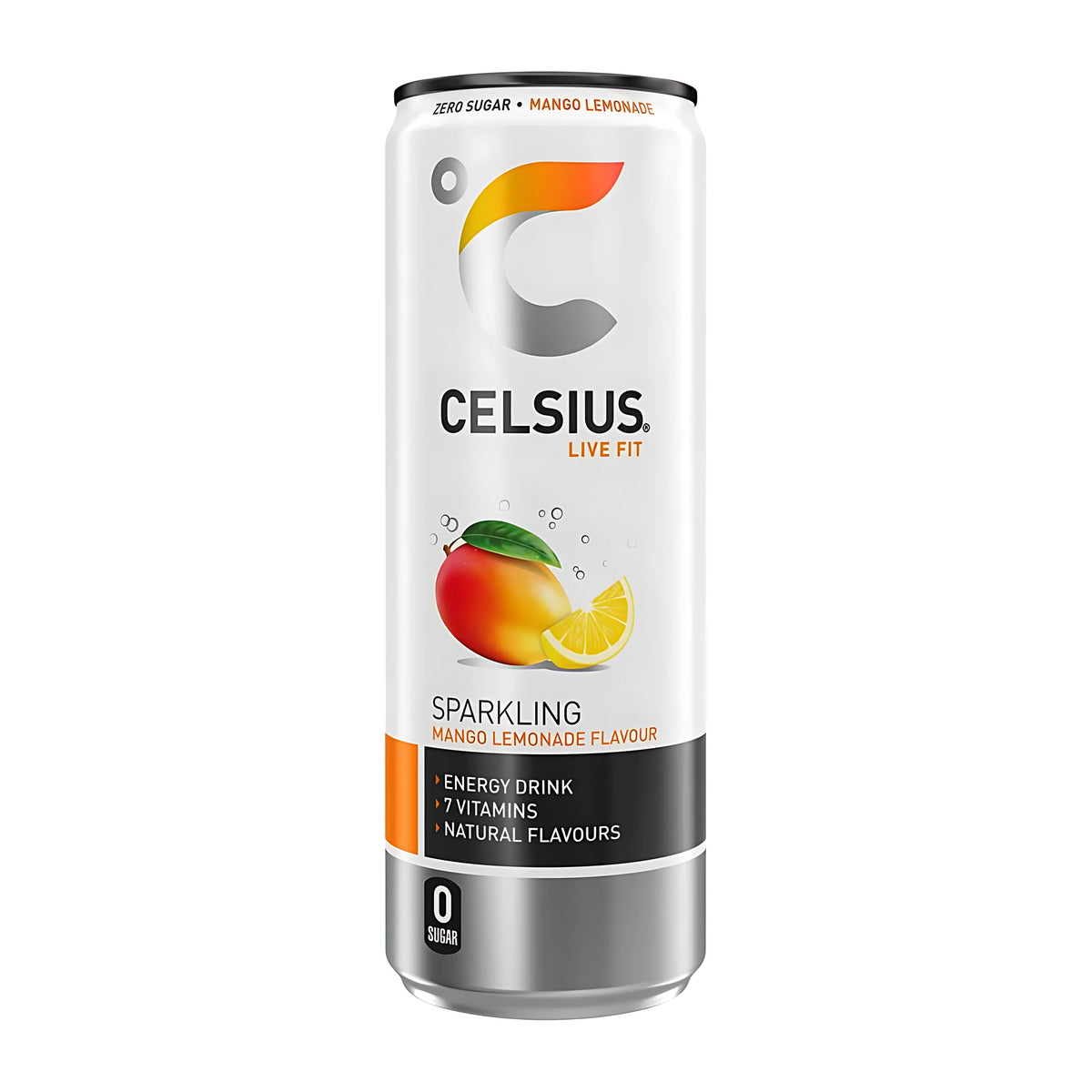 Celsius 355 ml valkoisessa tölkissä mangon ja sitruunan kuvituksella, makuna Mango Lemonade.