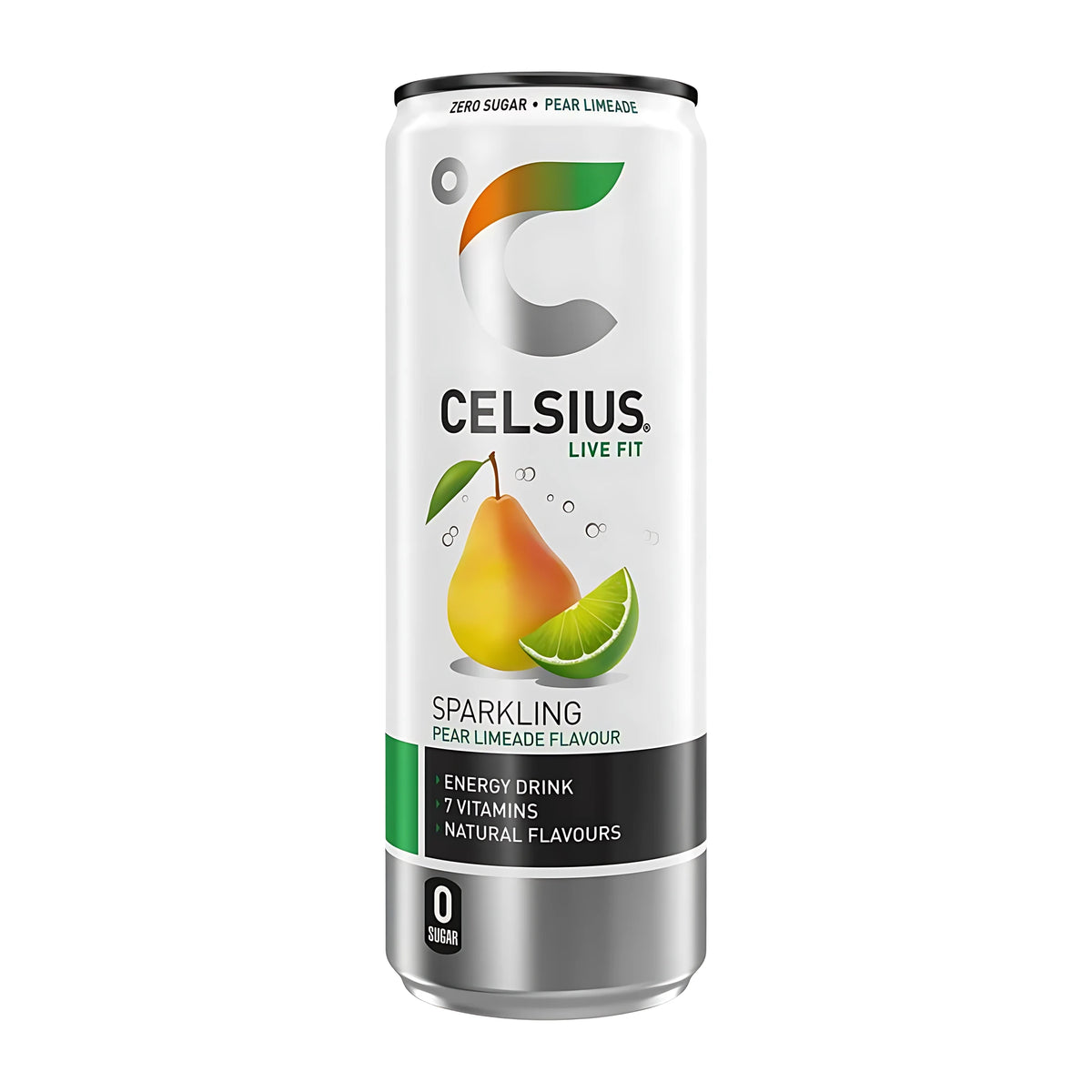 Celsius 355 ml -energiajuoma valkoisessa tölkissä päärynän ja limen kuvituksella, makuna Pear Limeade., kuva 3/10