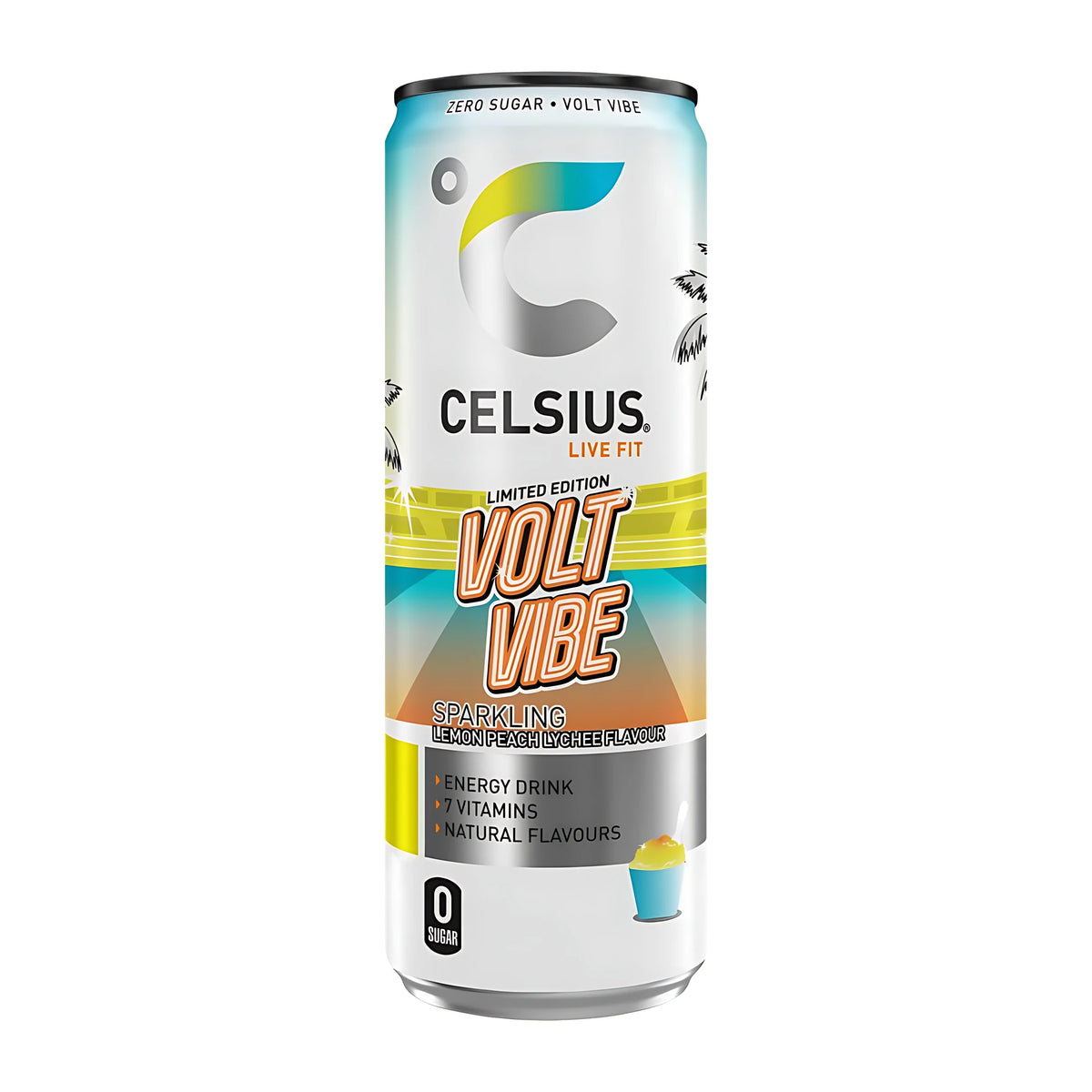 Celsius 355 ml -hiilihapotettu juoma valkoisessa tölkissä keltaisin, oranssein ja vaaleansinisin yksityiskohdin, makuna Volt Vibe., kuva 10/10