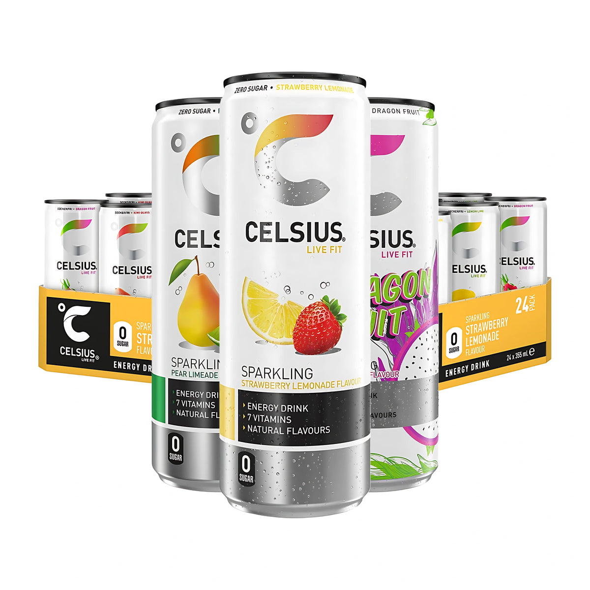 24 x Celsius 355 ml Mix-lava -energiajuomaa valkoisissa tölkeissä eri hedelmämauilla keltaisen lavapakkauksen edessä., kuva 1/1