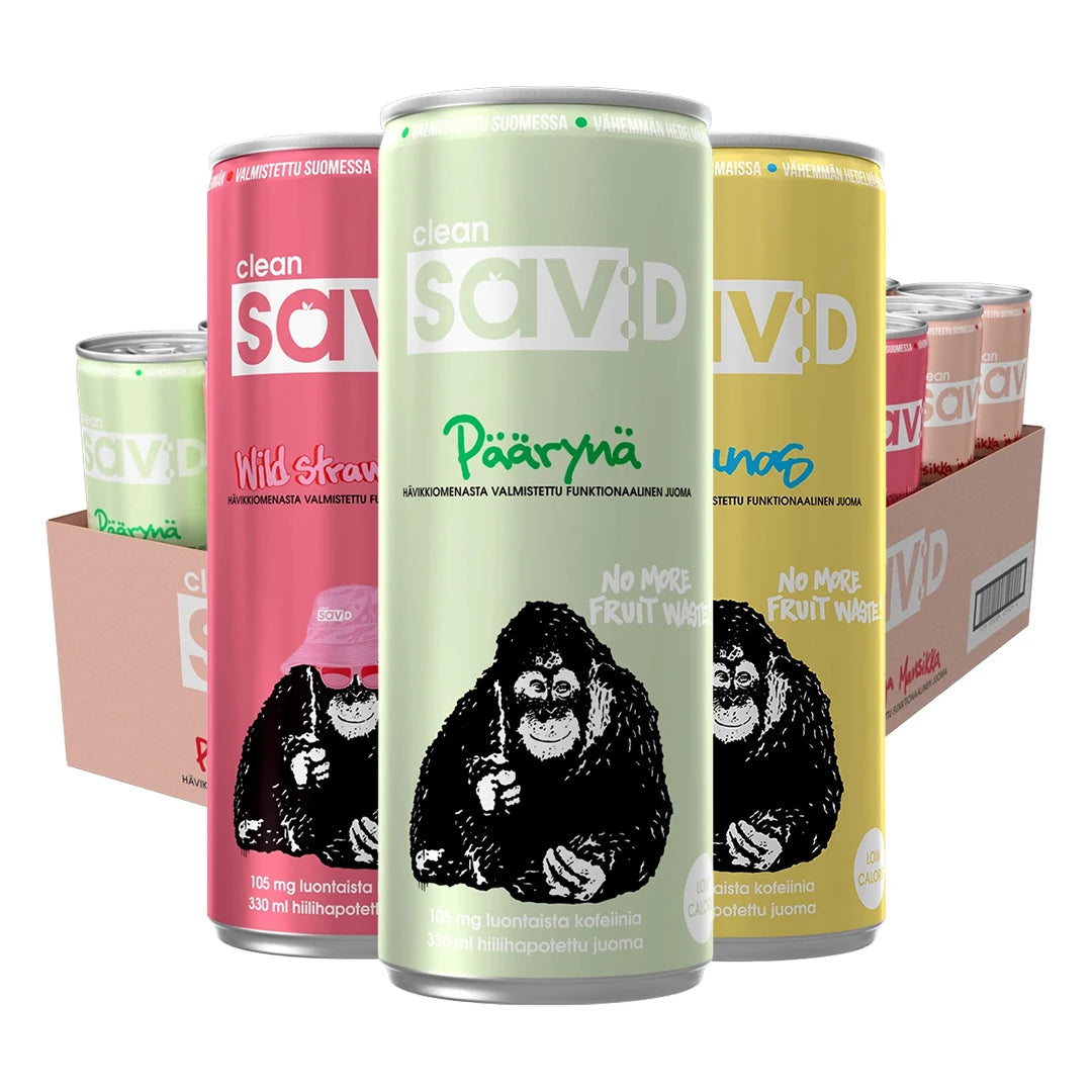 24 x Clean Drink / Clean SavD 330 ml Mix-lava vaaleanpunaisilla, vihreillä ja keltaisilla tölkeillä pahvialustan edessä., kuva 1/1