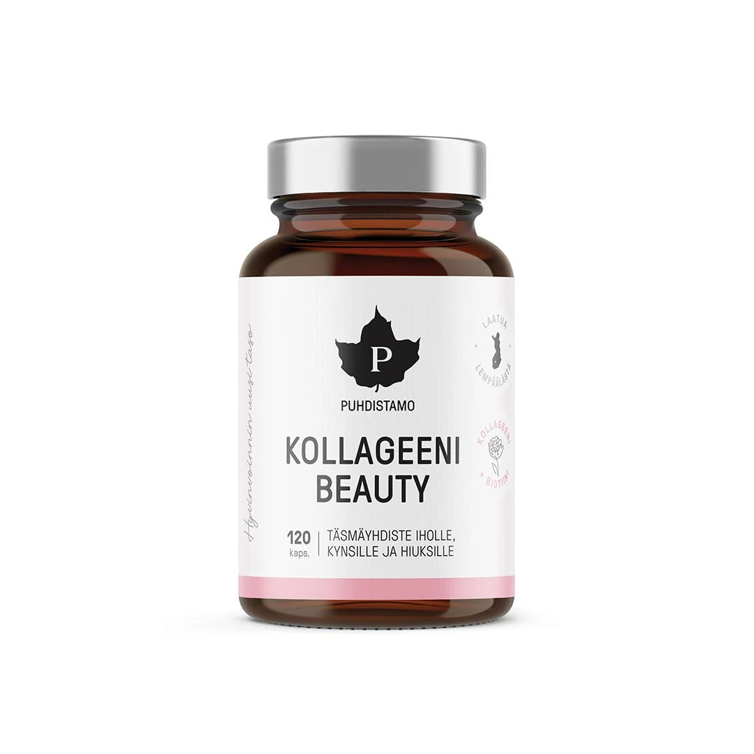 Puhdistamo Kollageeni Beauty 120 kapselia tummanruskeassa purkissa, valkoinen etiketti, pinkit yksityiskohdat ja hopeakansi., kuva 1/1