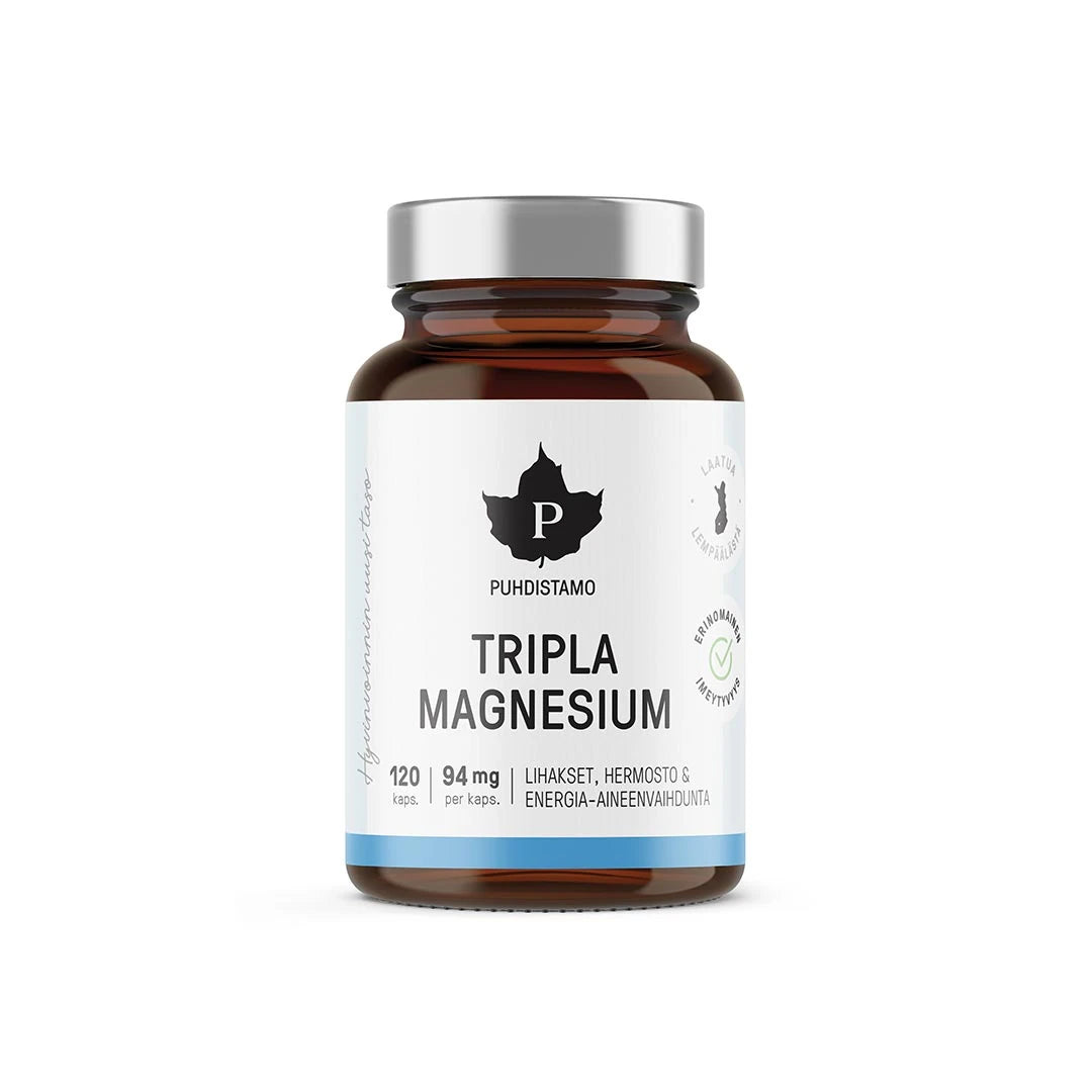 Puhdistamo Tripla Magnesium 120 kaps tummanruskeassa lasipurkissa hopeisella kannella ja valkosinisellä etiketillä., kuva 1/1