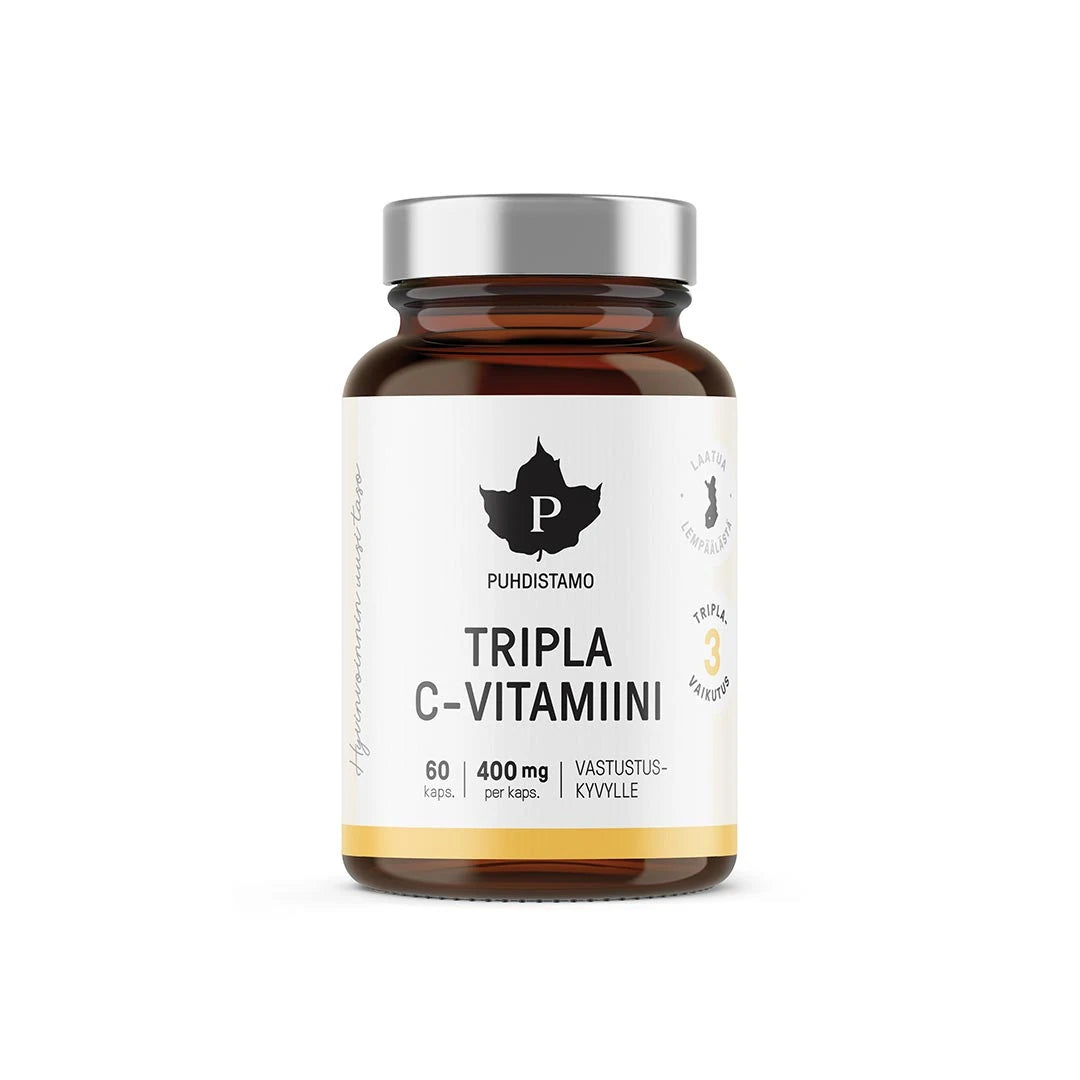 Puhdistamo Tripla C-vitamiini 60 kaps tummanruskeassa purkissa hopeisella kannella ja valkoisella etiketillä., kuva 1/1