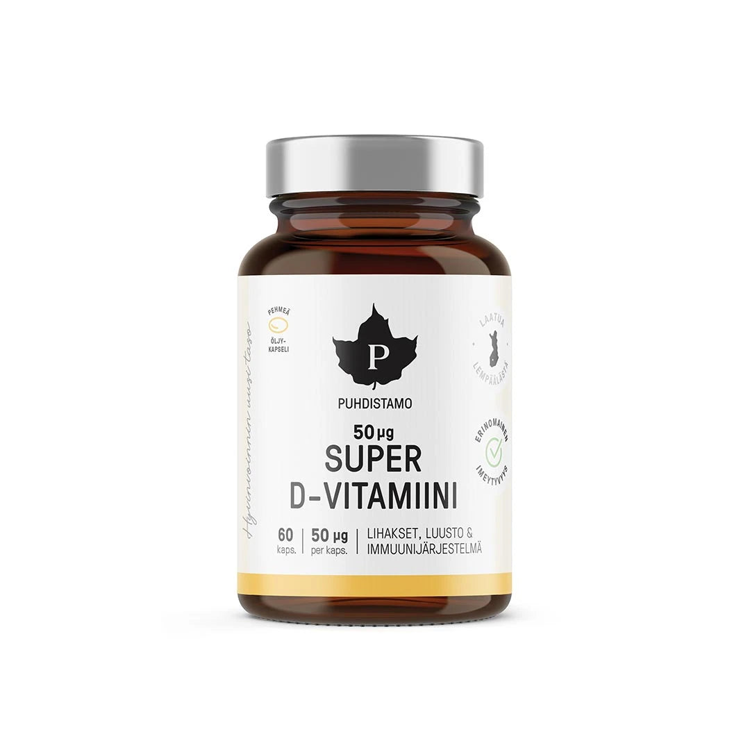 Puhdistamo Super D-vitamiini 60 kaps tummanruskeassa purkissa, jossa on hopeinen kansi ja keltareunainen etiketti., kuva 1/1