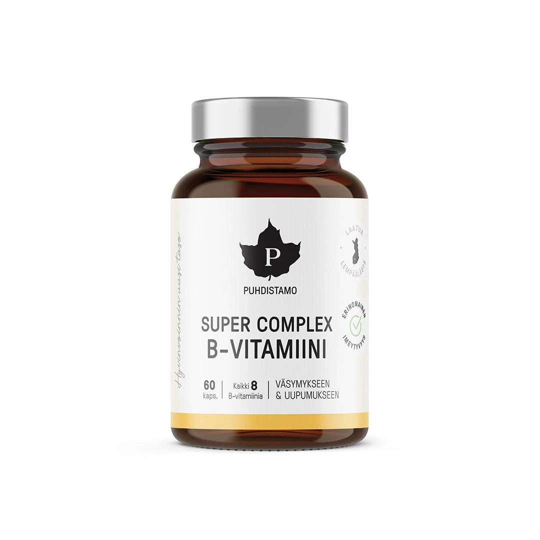 Puhdistamo Super Complex B-vitamiini 60 kaps tummassa lasipurkissa valkoisella etiketillä ja hopeisella kannella., kuva 1/1