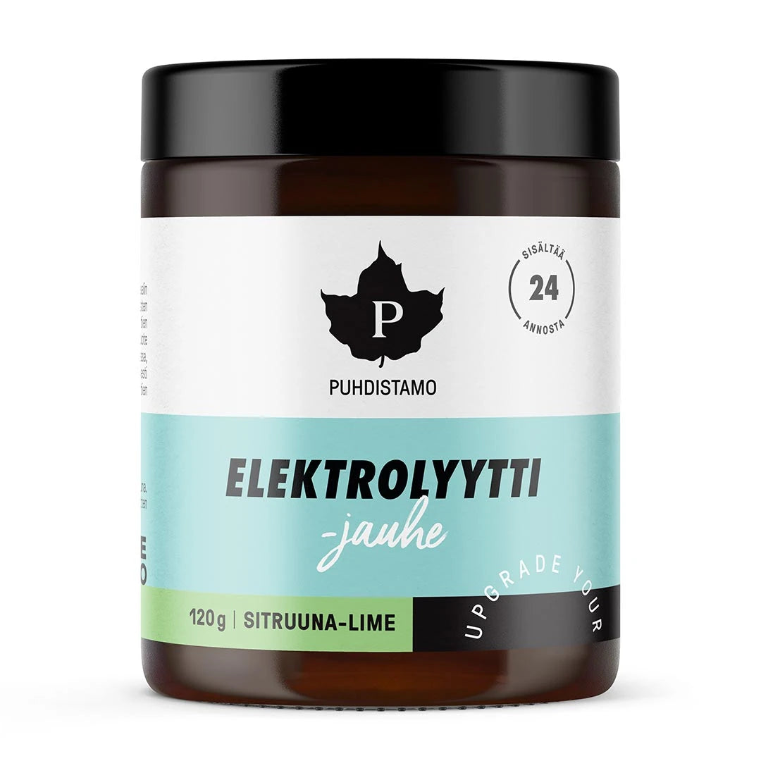 Puhdistamo Elektrolyyttijauhe 120 g elektrolytpulver i en brun burk med svart lock och en vit och ljusblå etikett för smaken Sitruuna Lime., bild 1 av 4