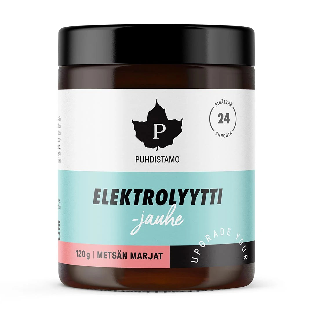 Puhdistamo Elektrolyyttijauhe 120 g elektrolytpulver i en mörkbrun burk med ljusblå och rosa detaljer för smaken Skogsbär., bild 2 av 4