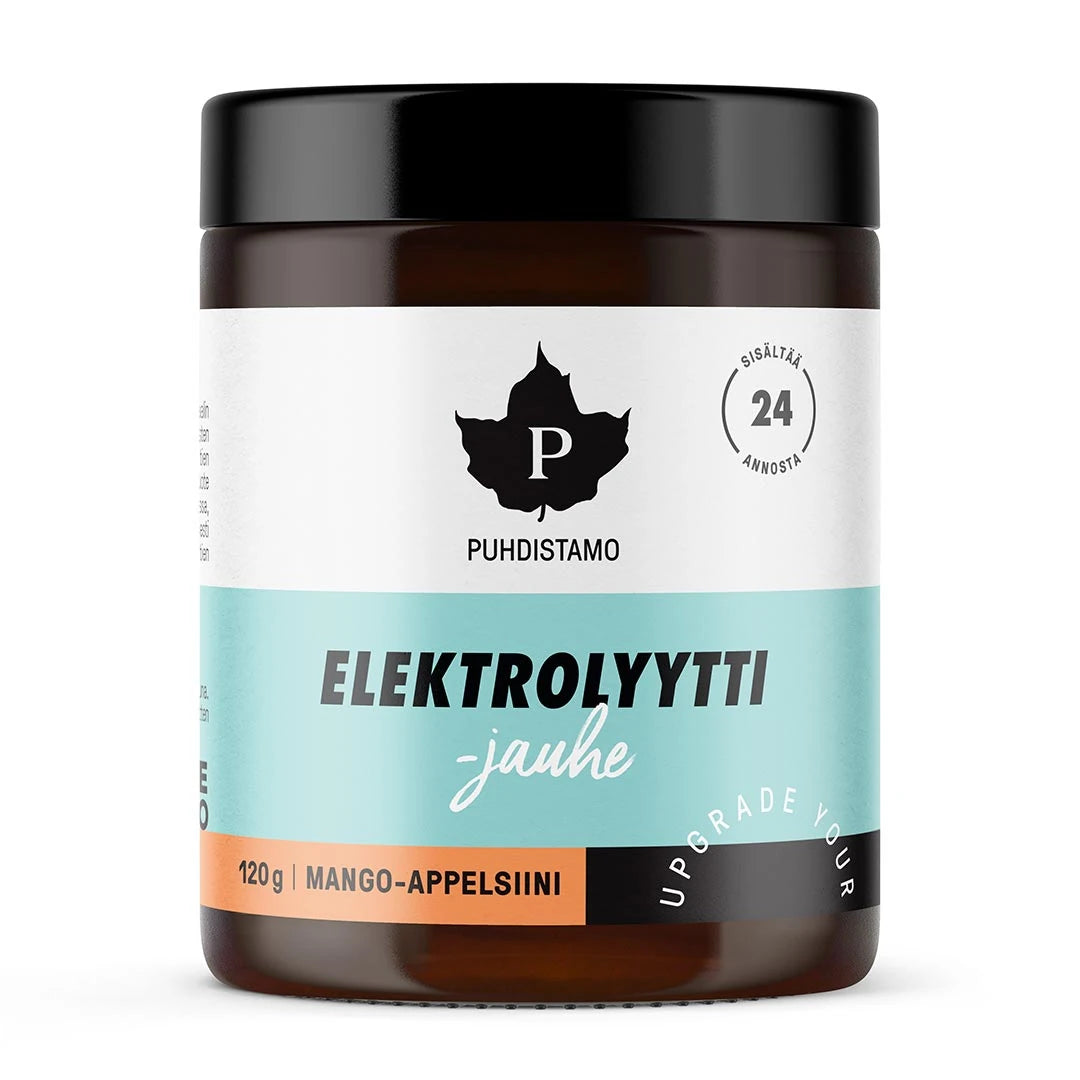 Puhdistamo Elektrolyyttijauhe 120 g elektrolytpulver i en mörk burk med orangea detaljer för smaken Mango Apelsin., bild 3 av 4