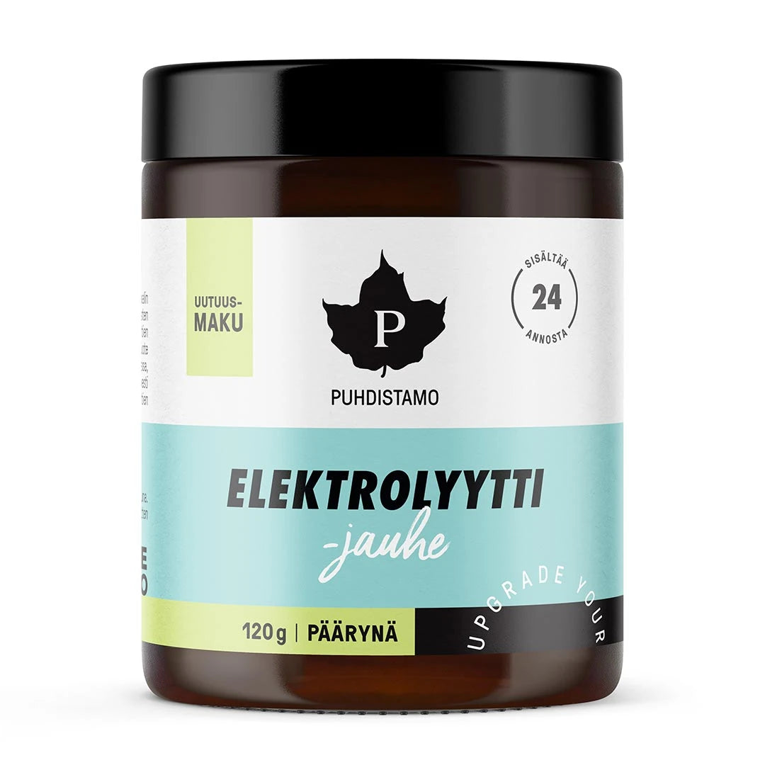 Puhdistamo Elektrolyyttijauhe 120 g elektrolytpulver i en mörk burk med ljusblå och ljusgröna detaljer för smaken Päron., bild 4 av 4