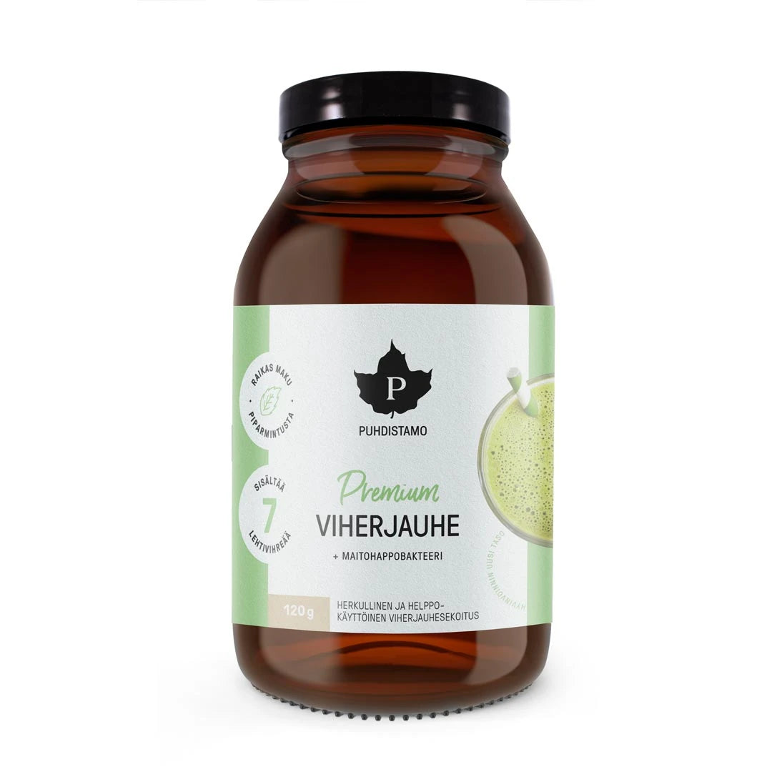 Puhdistamo Premium Viherjauhe + Maitohappobakteeri 120 g tummassa lasipurkissa vaaleanvihreällä etiketillä., kuva 1/1