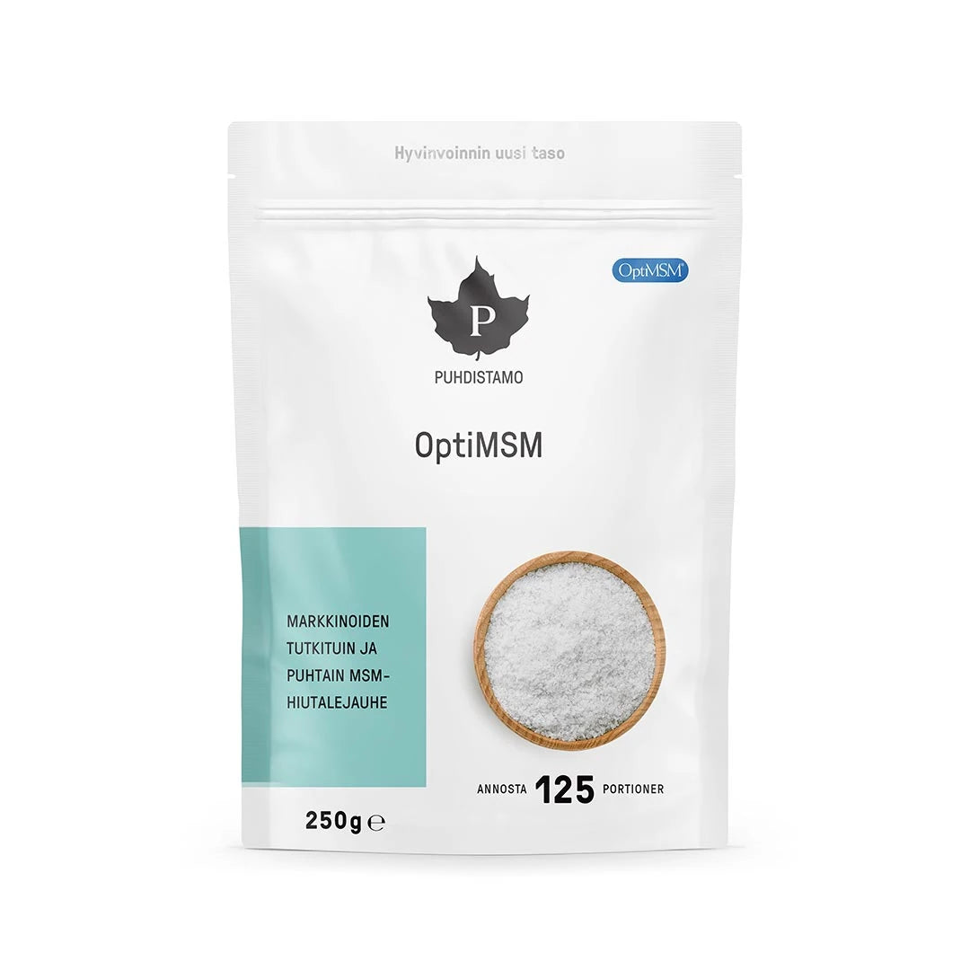 Puhdistamo OptiMSM 250 g -jauhe valkoisessa pussissa vaaleansinisillä yksityiskohdilla., kuva 1/1