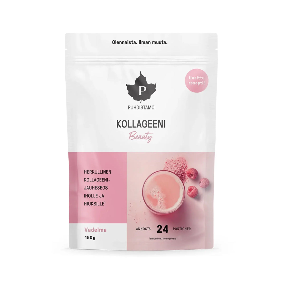 Puhdistamo Kollageeni Beauty 150 g -kollageenijauhe valko-vaaleanpunaisessa pussissa, makuna Vadelma., kuva 1/1