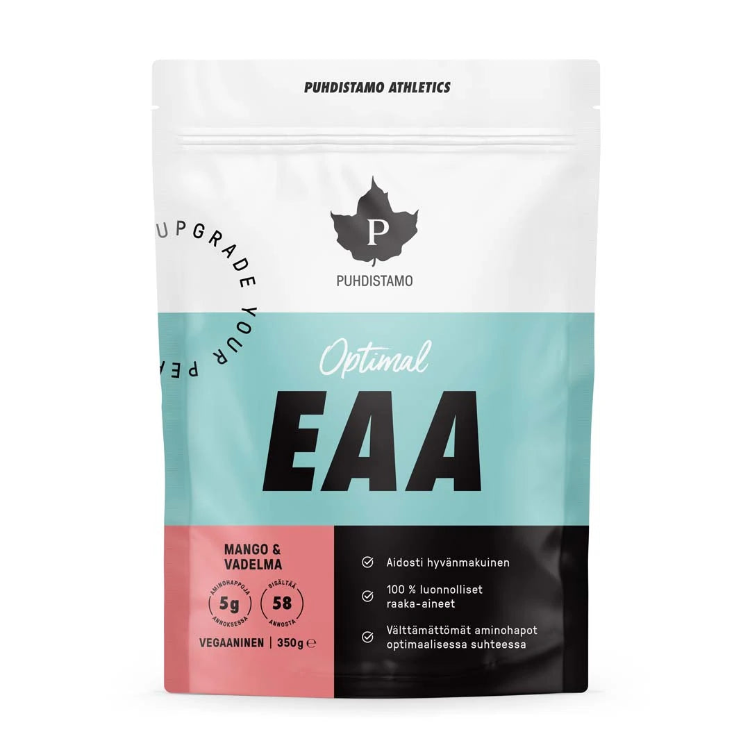 Puhdistamo Optimal EAA -jauhe 350 g aminohappoja valkoisessa, vaaleansinisessä ja mustassa pussissa vaaleanpunaisilla yksityiskohdilla, makuna Mango ja Vadelma.
