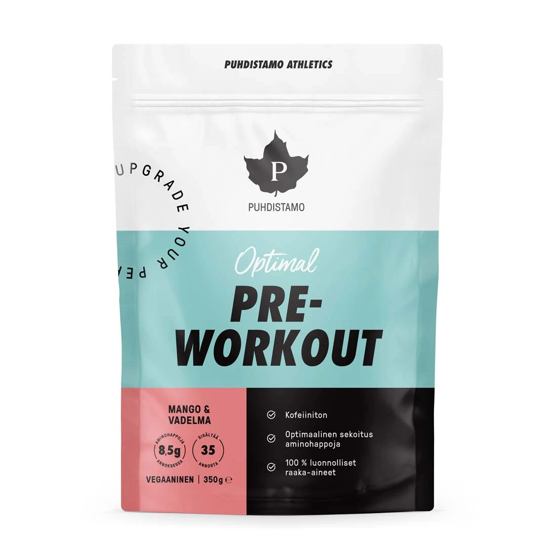 Puhdistamo Optimal Pre-Workout 350 g valkoisessa pussissa, jossa on vaaleansinisiä, vaaleanpunaisia ja mustia yksityiskohtia, makuna Mango &amp; Vadelma., kuva 1/1