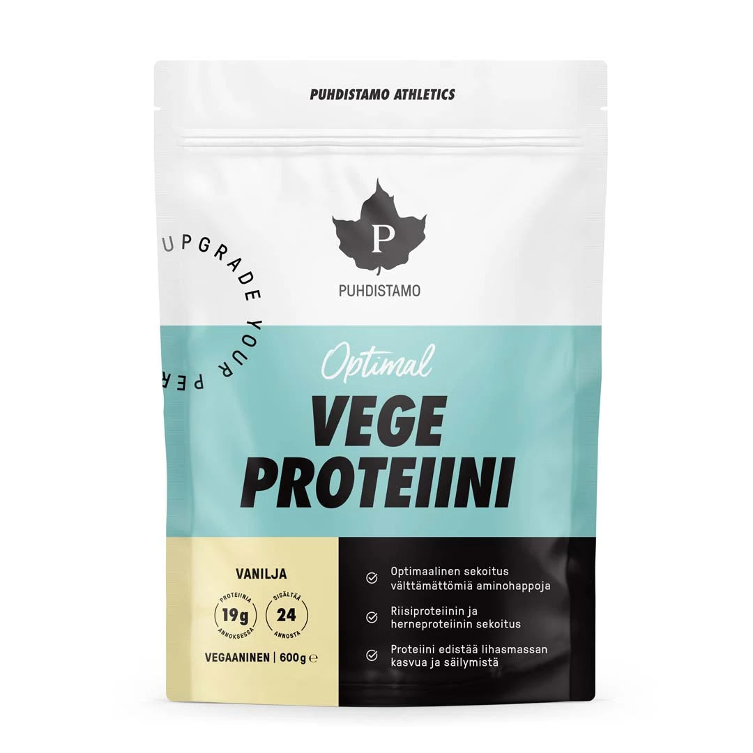 Valkoinen ja vaaleansininen pussi vaniljanmakuista Puhdistamo Optimal VEGE Proteiini 600 g -vegaaniproteiinijauhetta., kuva 1/1