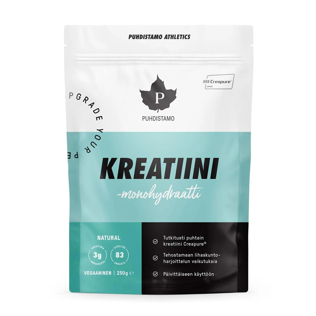 Puhdistamo Kreatiini-monohydraatti 250 g -ravintolisä valkoisessa, vaaleansinisessä ja mustassa pussissa., kuva 1/1