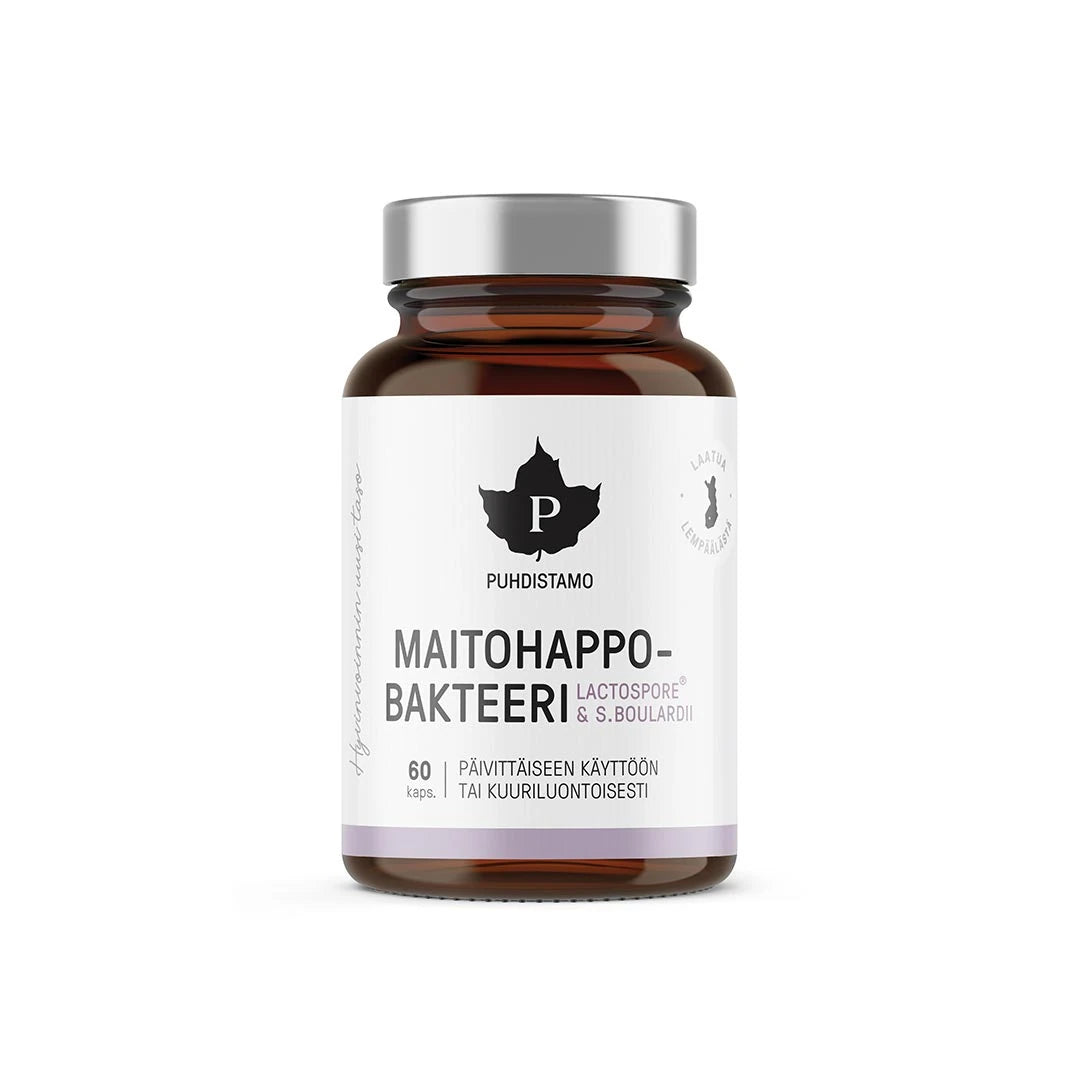 Puhdistamo Maitohappobakteeri - Lactospore &amp; Boulardii 60 kaps förpackad i en mörk glasburk med vit etikett och silvrigt lock., bild 1 av 1