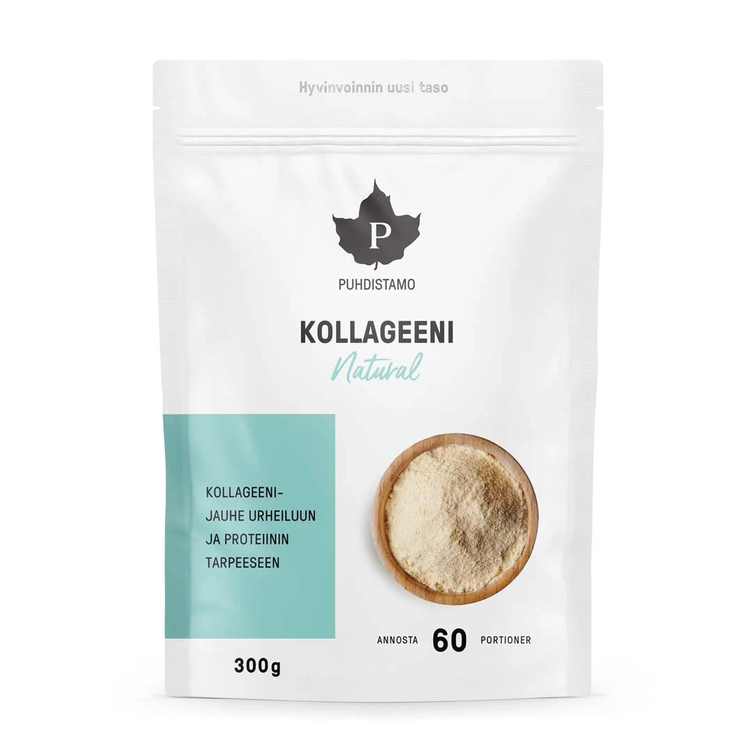 Puhdistamo Kollageeni Natural 300 g -kollageenijauhe tyylikkäässä valkoisessa pussissa turkooseilla yksityiskohdilla., kuva 1/1