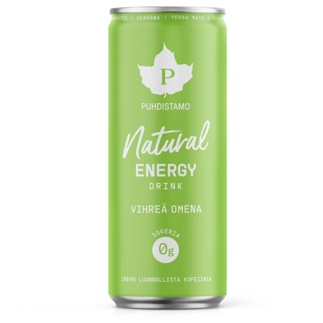 Vaaleanvihreä tölkki Puhdistamo Natural Energy Drink 330 ml -vegaanista energiajuomaa, makuna Vihreä Omena., kuva 1/1