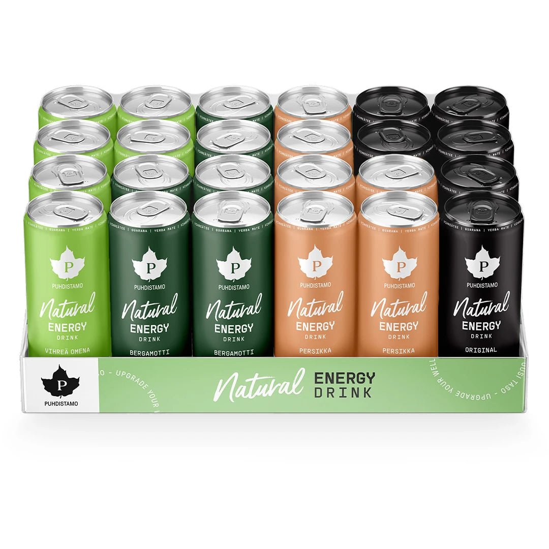 24 x Puhdistamo Natural Energy Drink 330 ml Mix-lava, jossa on vaaleanvihreitä, tummanvihreitä, oransseja ja mustia tölkkejä.