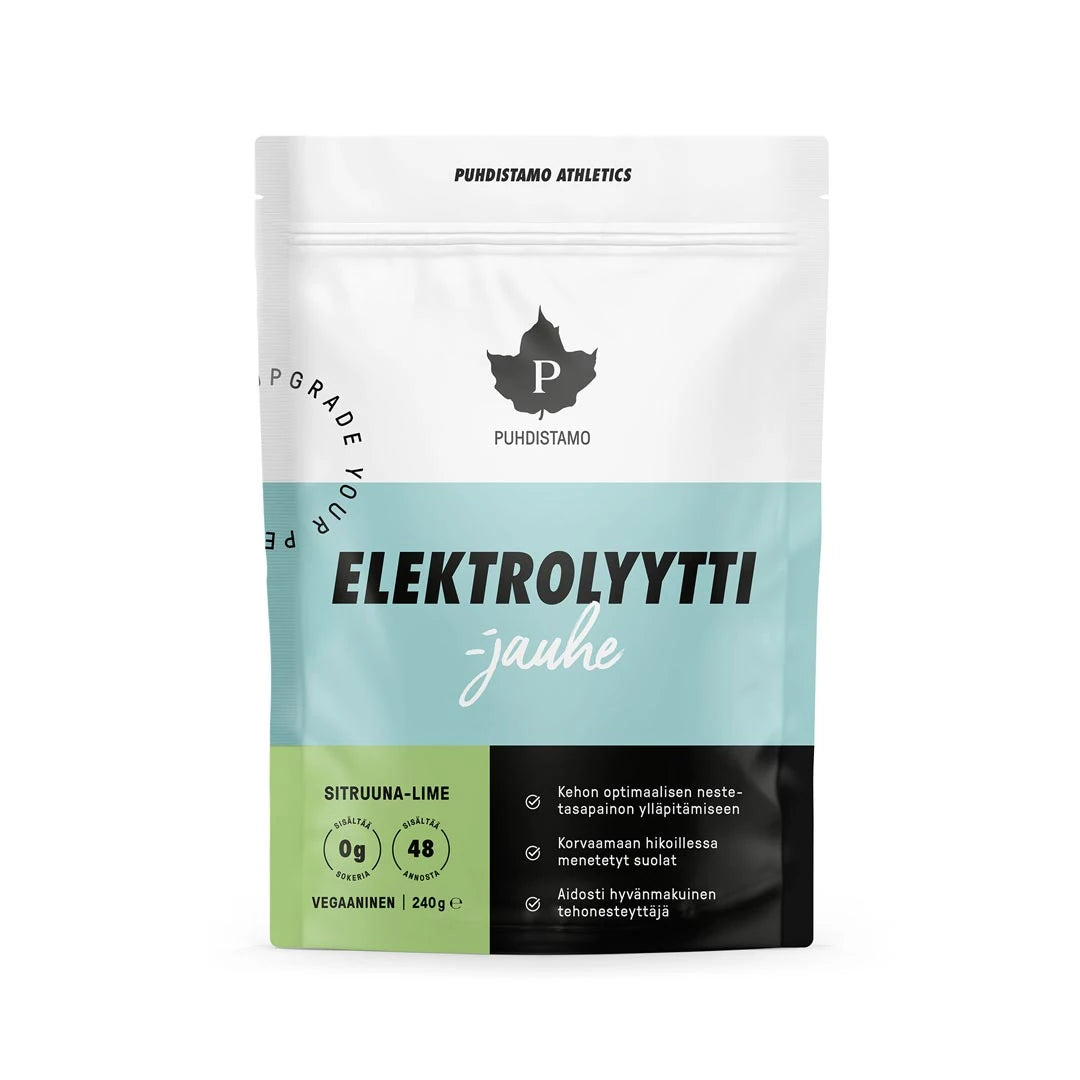 Puhdistamo Elektrolyyttijauhe 240 g valko-vaaleansinisessä pussissa, makuna sitruuna-lime.