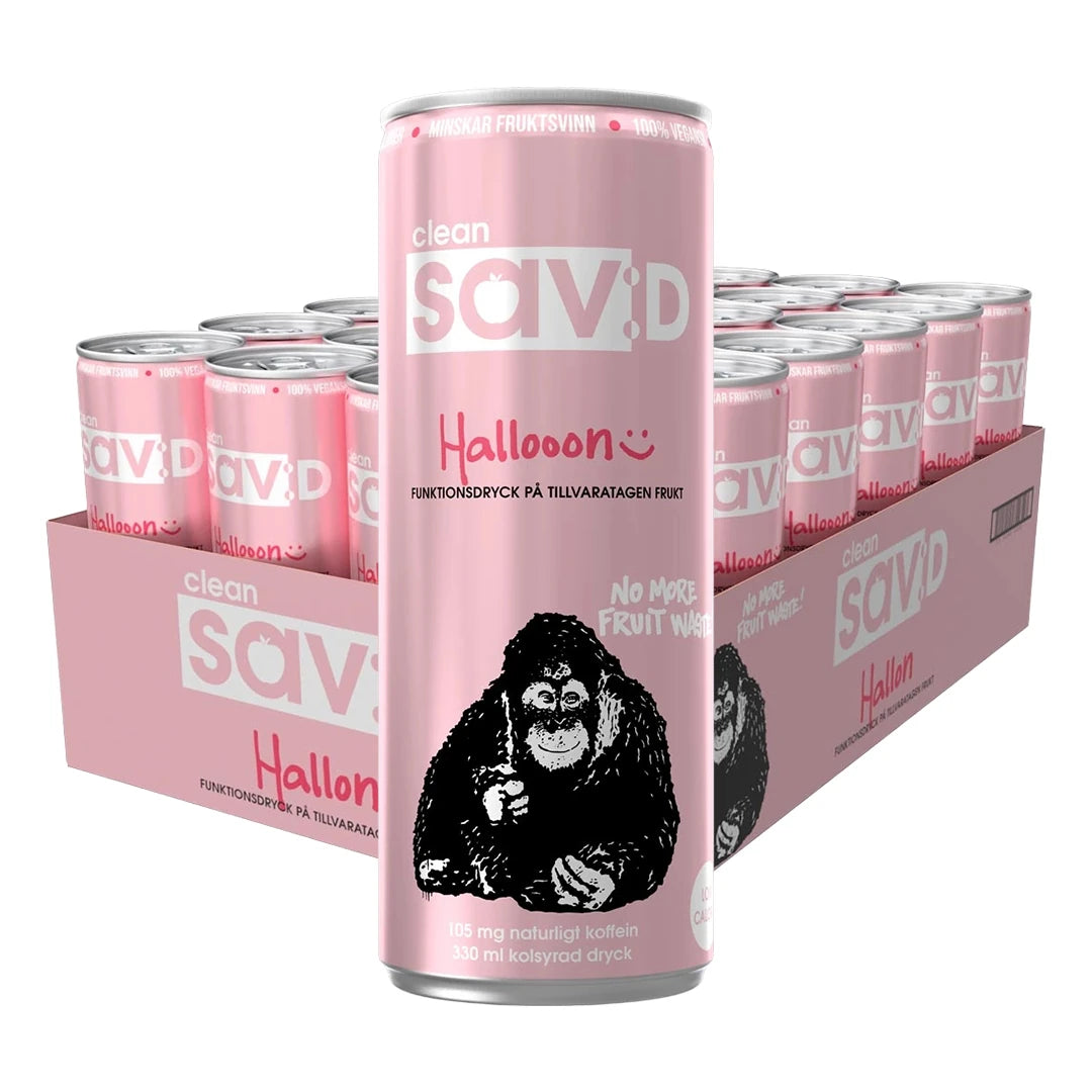 24 x Clean sav:D 330 ml Vadelma -energiajuoma vaaleanpunaisessa laatikossa samanvärisillä tölkeillä ja apinakuvituksella., kuva 1/1