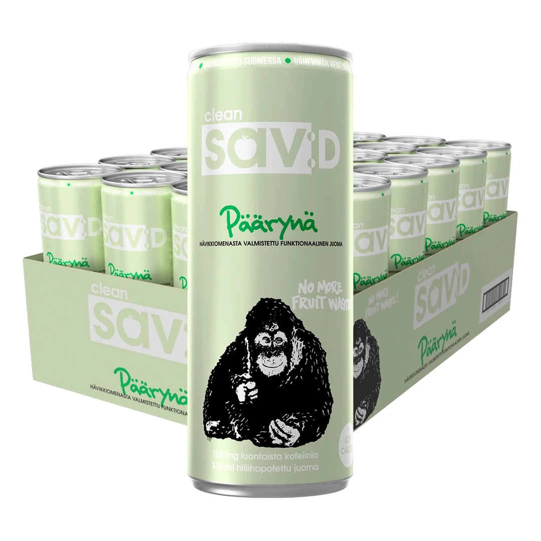 24 x Clean sav:D 330 ml Päärynä vaaleanvihreässä laatikossa, jossa on sävyyn sopivia energiajuomatölkkejä apinan kuvalla., kuva 1/1