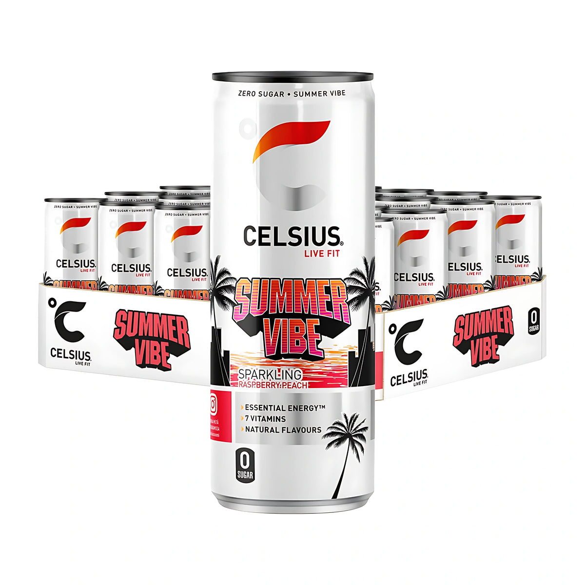 24 x Celsius 355 ml Summer Vibe 24-pakkauksessa valkoisissa tölkeissä palmukuvioilla maulle Sparkling Raspberry Peach.