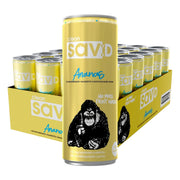 24 x Clean sav:D 330 ml Ananas i ett gult flak med matchande gula burkar och ett svart gorillamotiv.