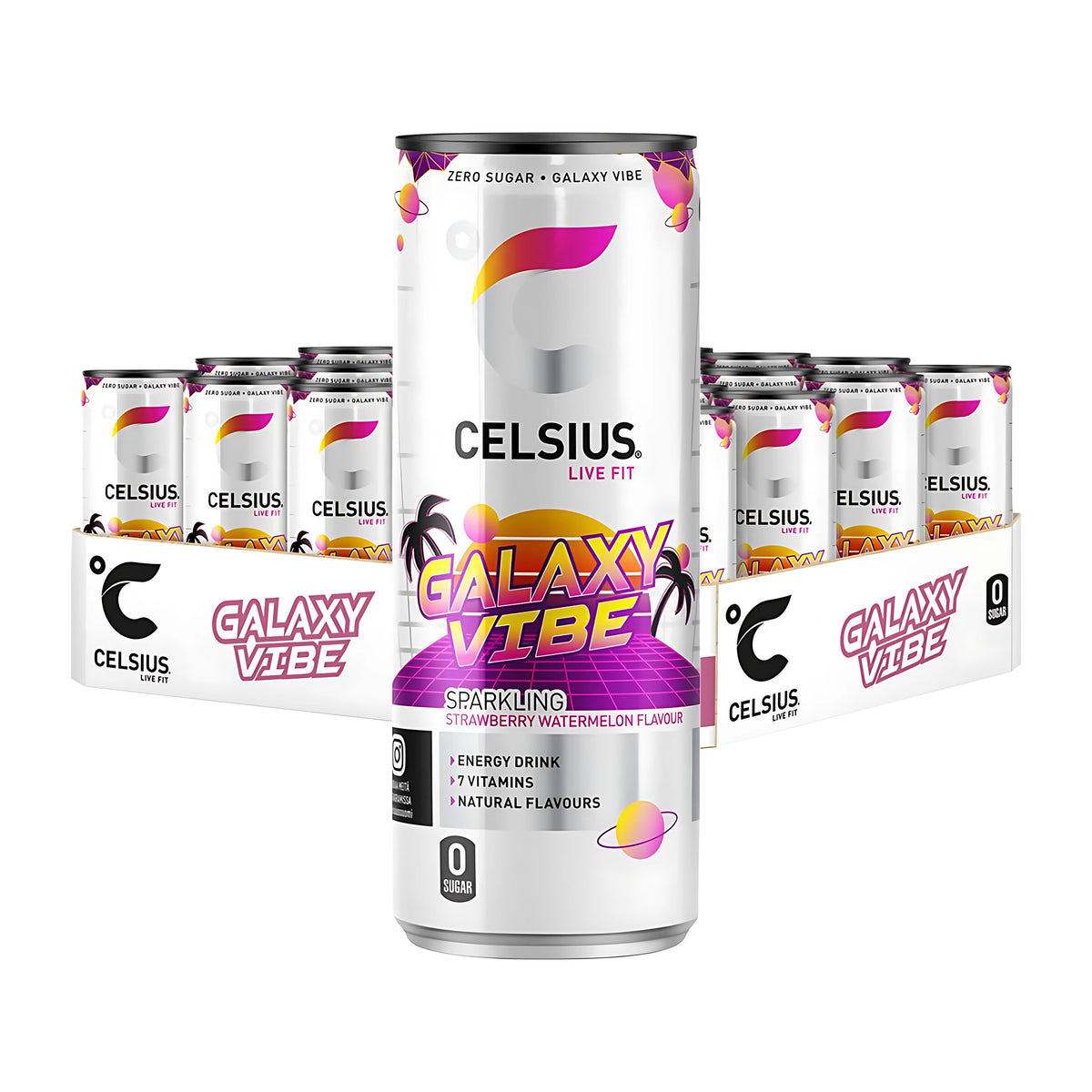 24 x Celsius 355 ml Galaxy Vibe - Watermelon Strawberry valkoisella lavalla ja etualalla tölkki liloilla ja keltaisilla yksityiskohdilla., kuva 1/1