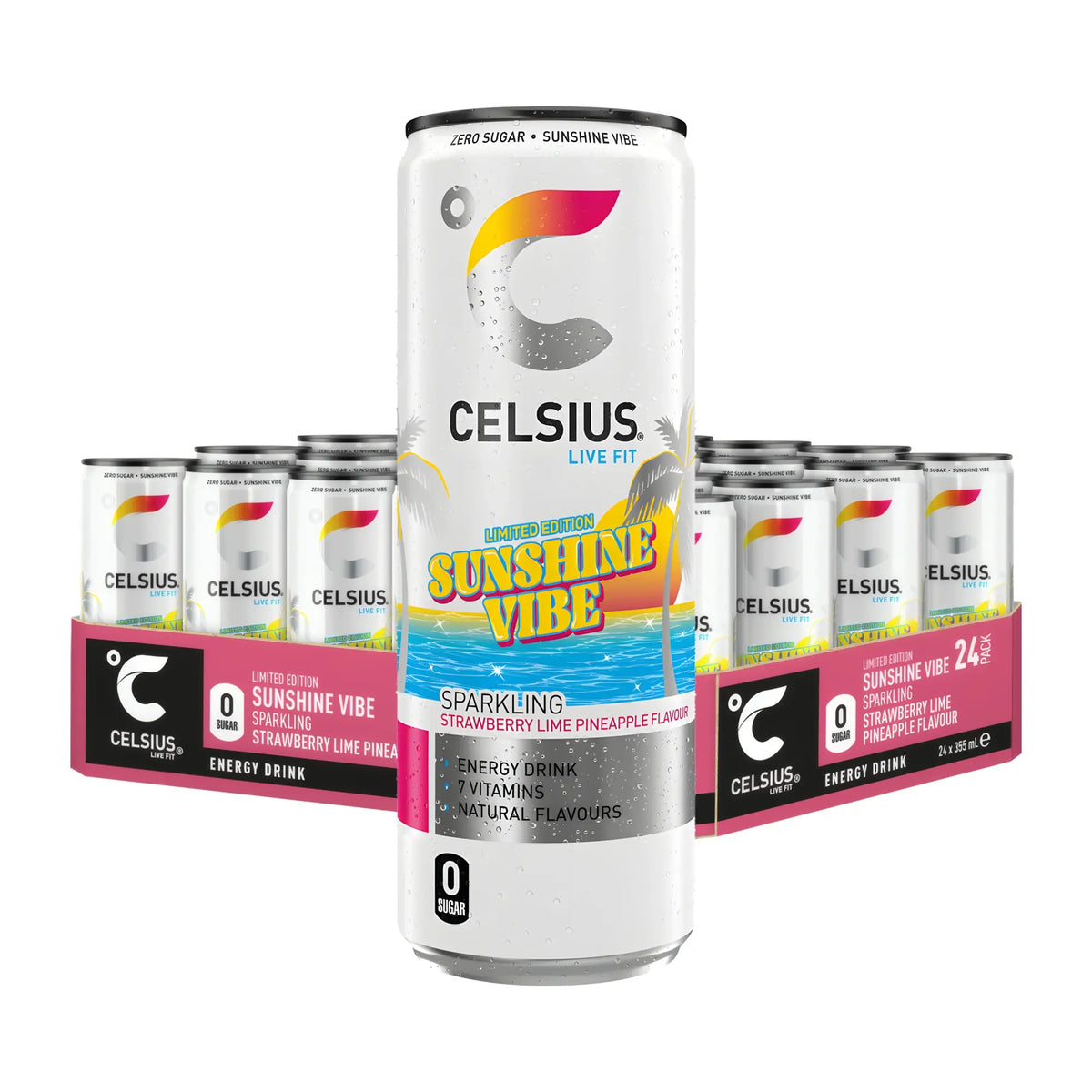 24 x Celsius 355 ml Sunshine Vibe Limited Edition -energiajuoma, jossa valkoinen tölkki kokonaisen lavan edessä.