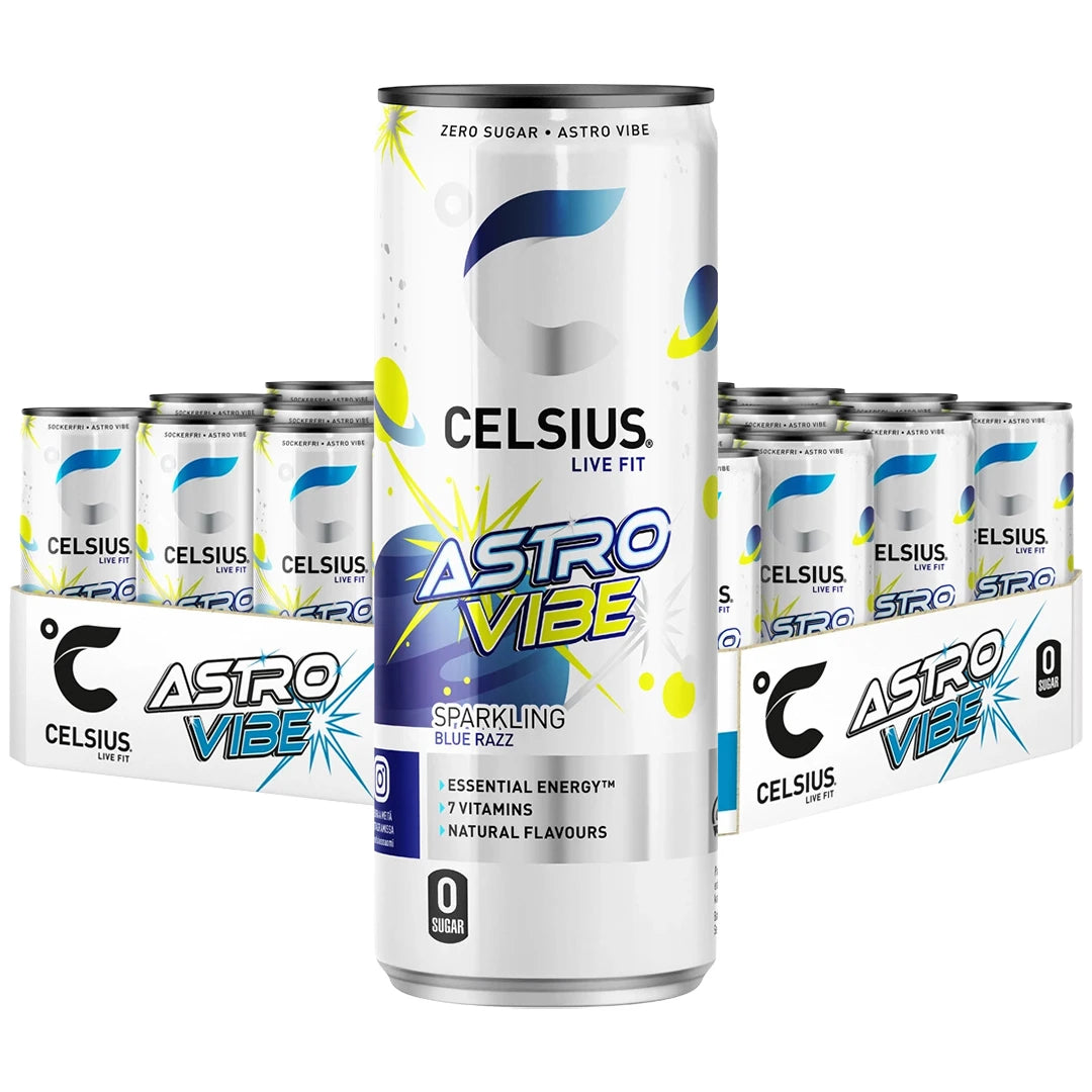 24 x Celsius 355 ml Astro Vibe SUPER DEAL lavapakkauksessa, jossa on valkoisia tölkkejä sinisin ja keltaisin yksityiskohdin., kuva 1/1