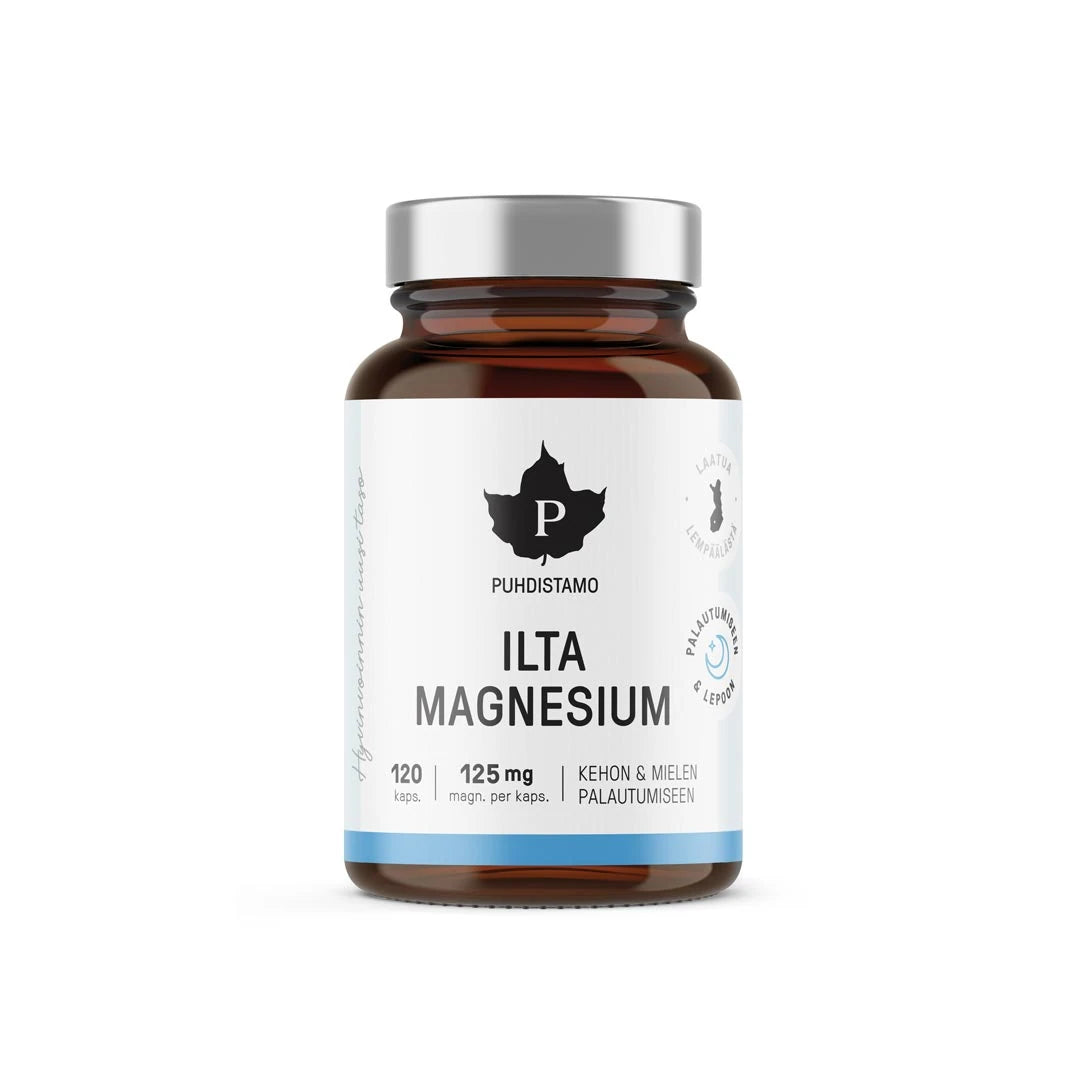 Puhdistamo Iltamagnesium 125 mg 120 kaps -ravintolisä tummanruskeassa purkissa, valkoinen etiketti, hopeinen kansi., kuva 1/1