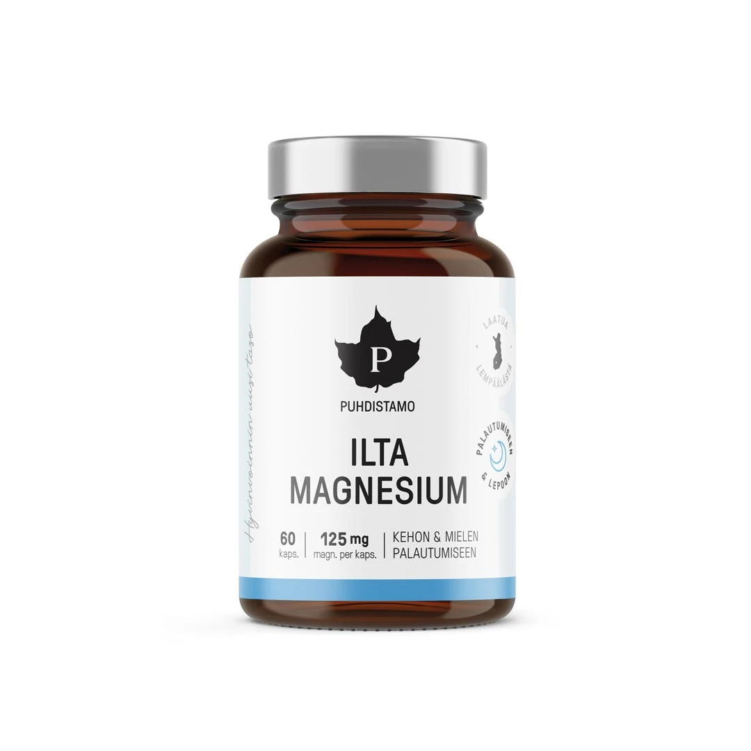 Puhdistamo Iltamagnesium 125 mg 60 kapselia -ravintolisä ruskeassa lasipurkissa hopeisella kannella., kuva 1/1