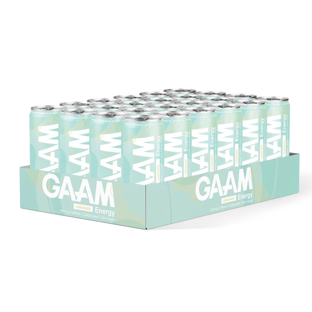 24 x GAAM Energy 330 ml Lemonade vaaleanvihreässä lavassa, jossa on yhteensopivia energiajuomatölkkejä., kuva 1/1