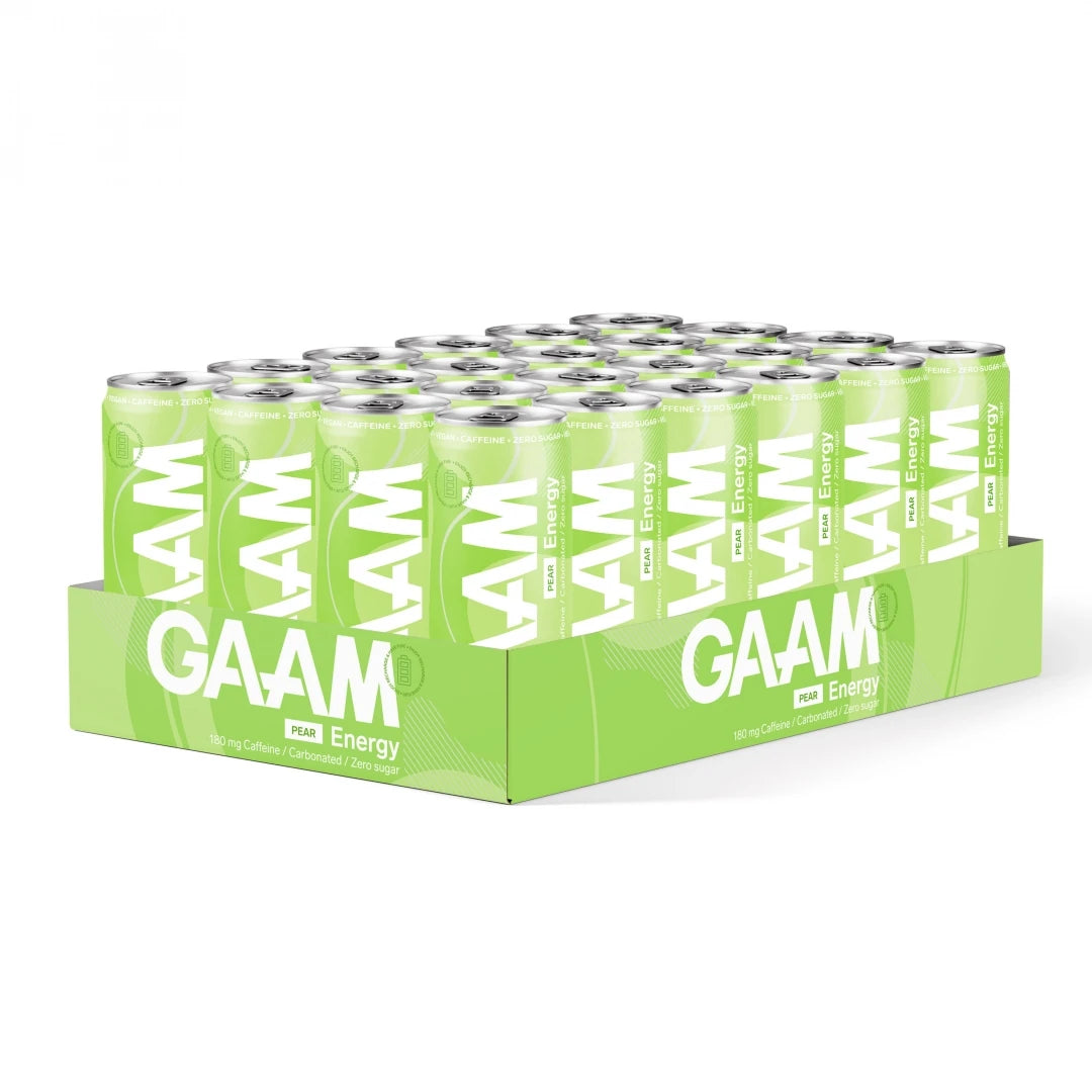 24 x GAAM Energy 330 ml Pear vaaleanvihreässä lavassa yhteensopivilla päärynänmakuisilla tölkeillä.