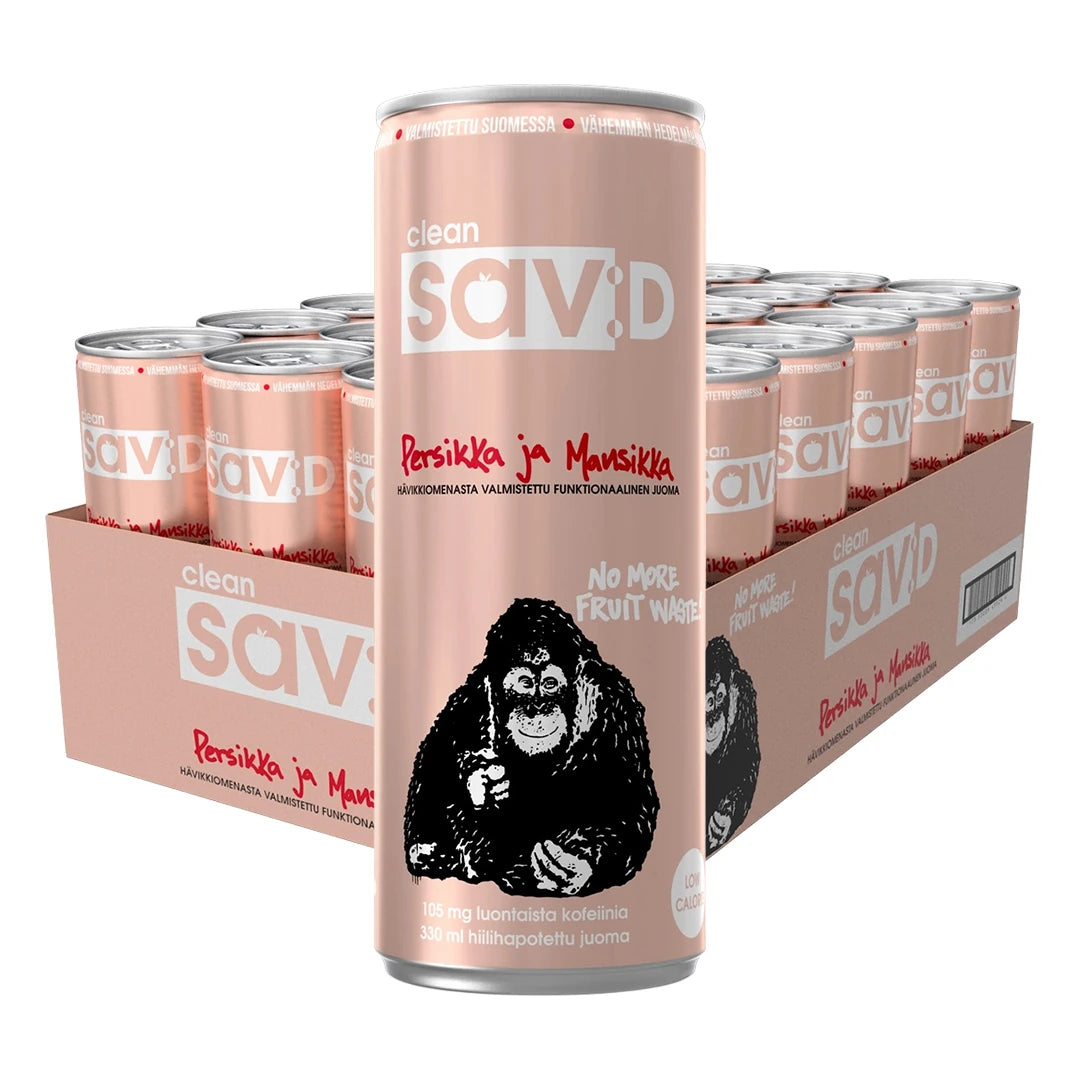 24 x Clean sav:D 330 ml Mansikka Persikka persikanvärisessä laatikossa tölkeillä, joissa on punavalkoisia yksityiskohtia., kuva 1/1