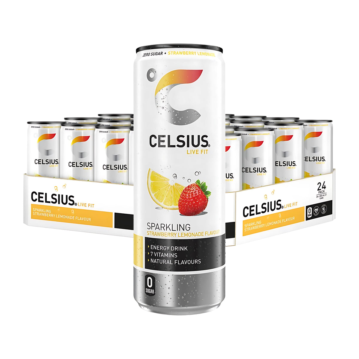 24 x Celsius 355 ml Strawberry Lemonade -energiajuoma 24 tölkin pakkauksessa, jossa on valkoisia tölkkejä sekä mansikan ja sitruunan kuvitus., kuva 1/1