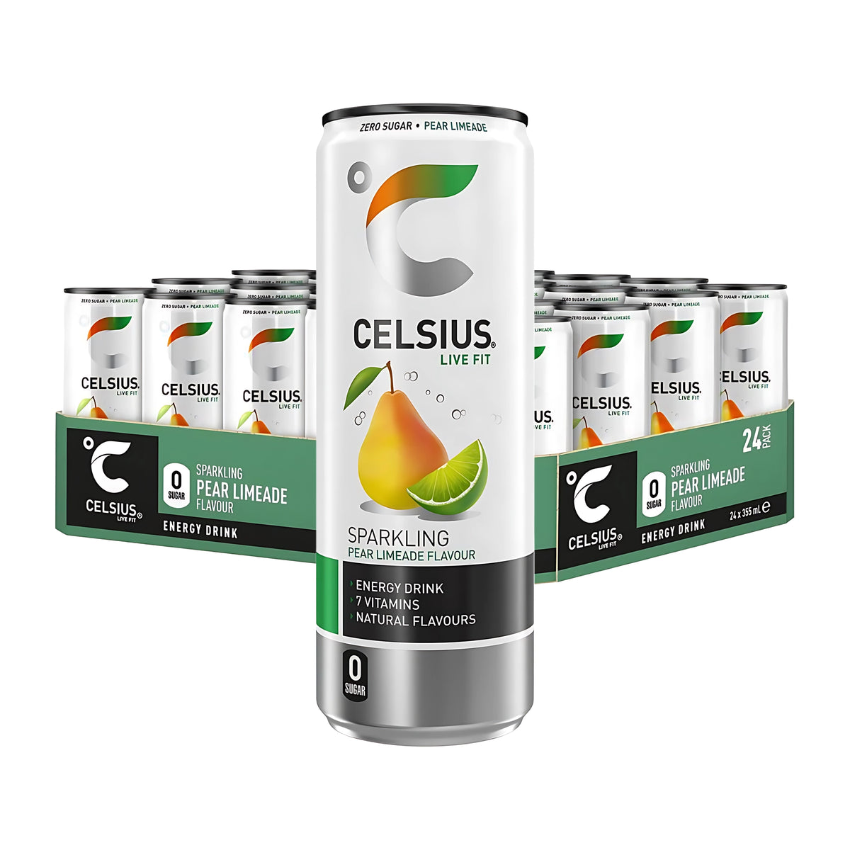 24 x Celsius 355 ml Pear Limeade energidryck i ett grönt 24-pack flak med en vit burk i förgrunden med motiv av päron och lime.