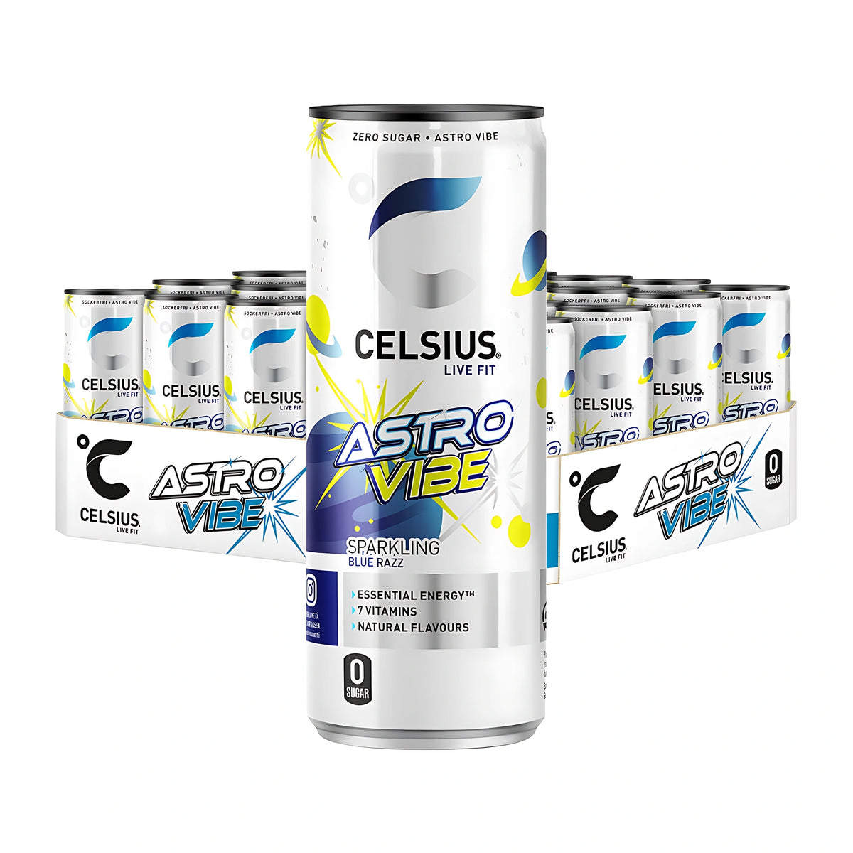24 x Celsius 355 ml Astro Vibe -hiilihapotettu energiajuoma 24 kappaleen pakkauksessa, jossa on valkoisia tölkkejä sinisin ja keltaisin yksityiskohdin.