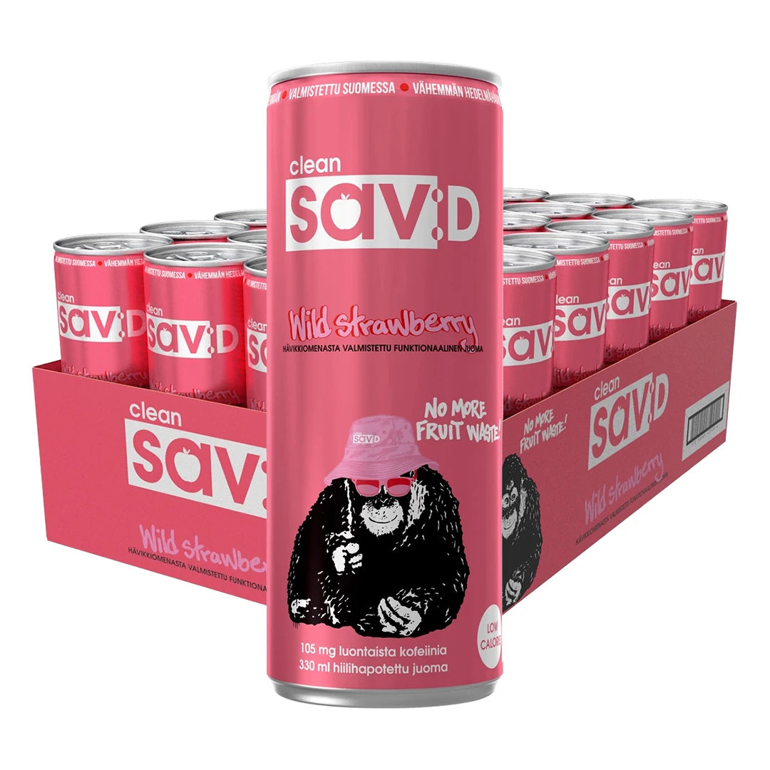 24 x Clean sav:D 330 ml Villimansikka energidryck i ett rosa flak med rosa burkar som har en gorillailustration., bild 1 av 1