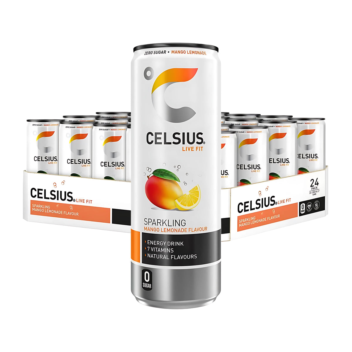 24 x Celsius 355 ml Mango Lemonade 24 kappaleen lavapakkauksessa, etualalla mangolla ja sitruunalla koristeltu valkoinen tölkki.