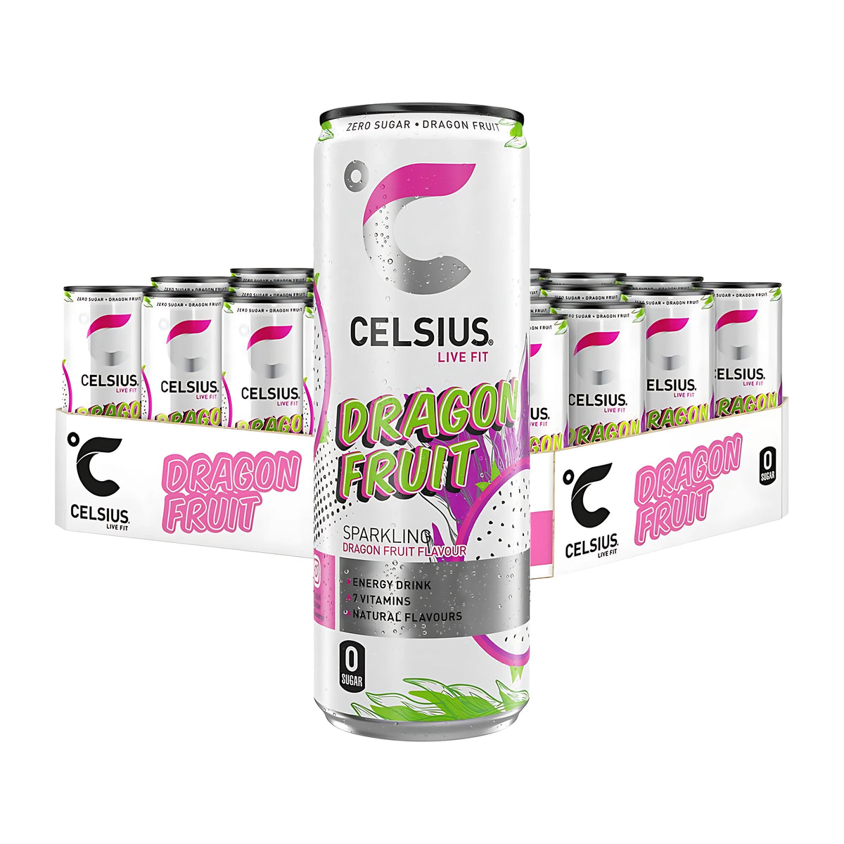 24 x Celsius 355 ml Dragonfruit i ett 24-pack flak med en vit burk med rosa drakfruktsmotiv i förgrunden., bild 1 av 1