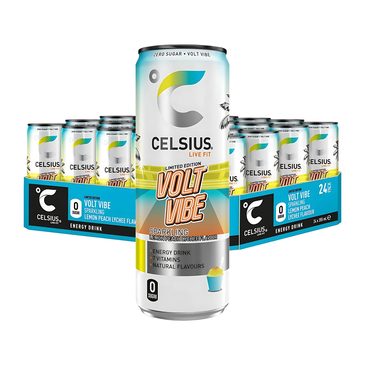 24 x Celsius 355 ml Volt Vibe -hiilihapotettu juoma tölkissä kokonaisen 24 tölkin lavan edessä.