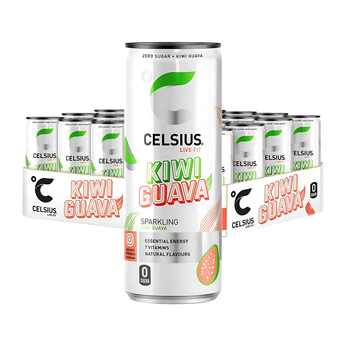 24 x Celsius 355 ml Kiwi Guava kokonaisena lavana valkoisia tölkkejä ja etualalla yksi tölkki vihrein ja vaaleanpunaisin yksityiskohdin.